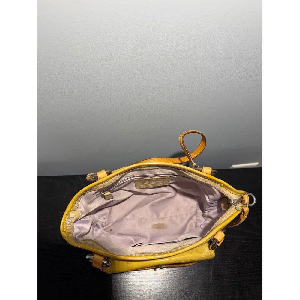 Coach Yellow Embossed Patent Leather Satchel Handbag F14729 with Charm